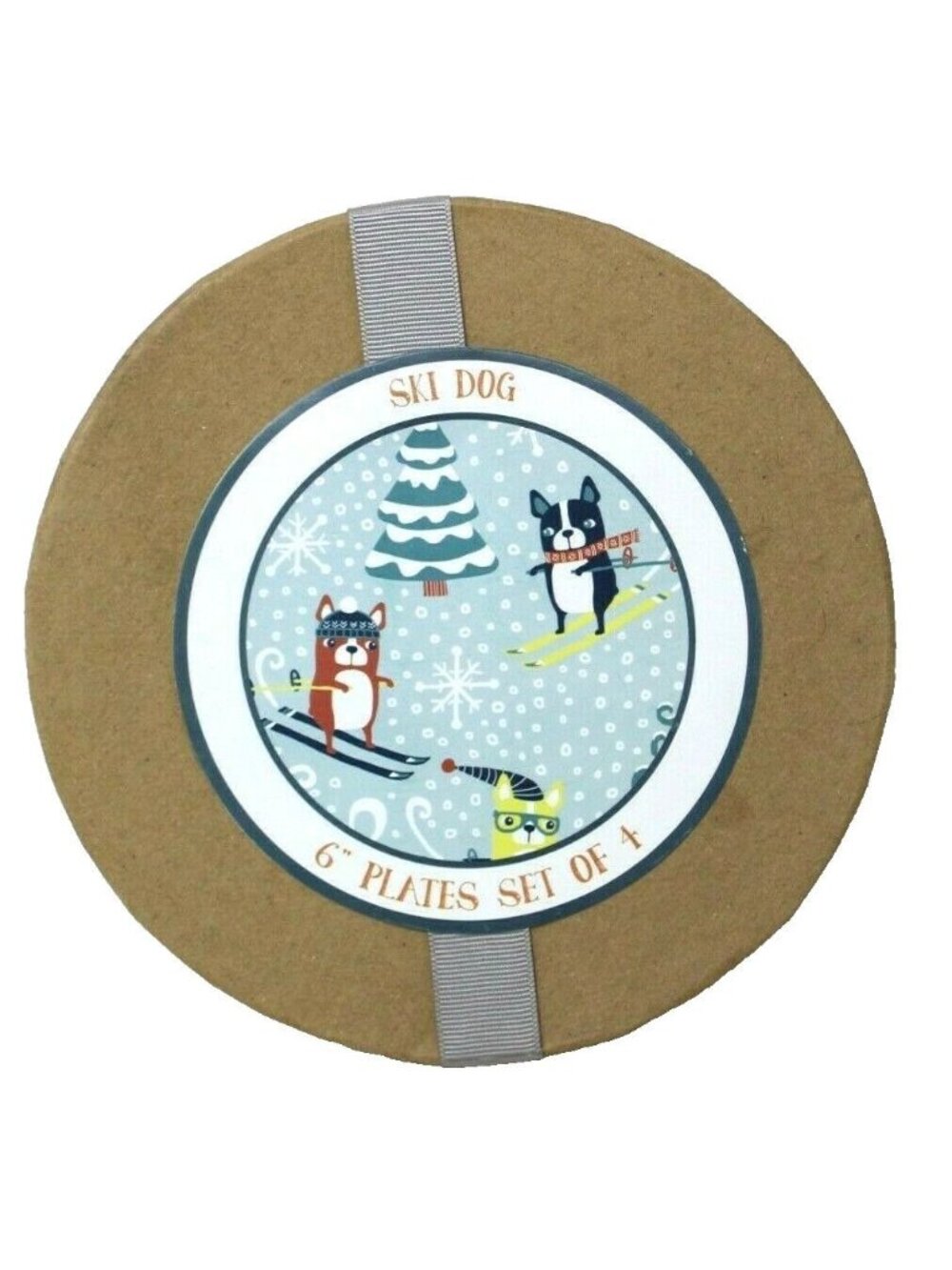 4 Ski Dog 6" Plate Winter Dogs Skiing Magenta Dessert Appetizer Funny New #5-5